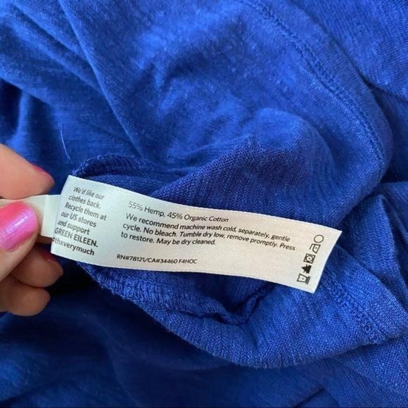 Eileen Fisher Blue V Neck Short Sleeve Hemp Cotton Swing Dress - Picture 9 of 9